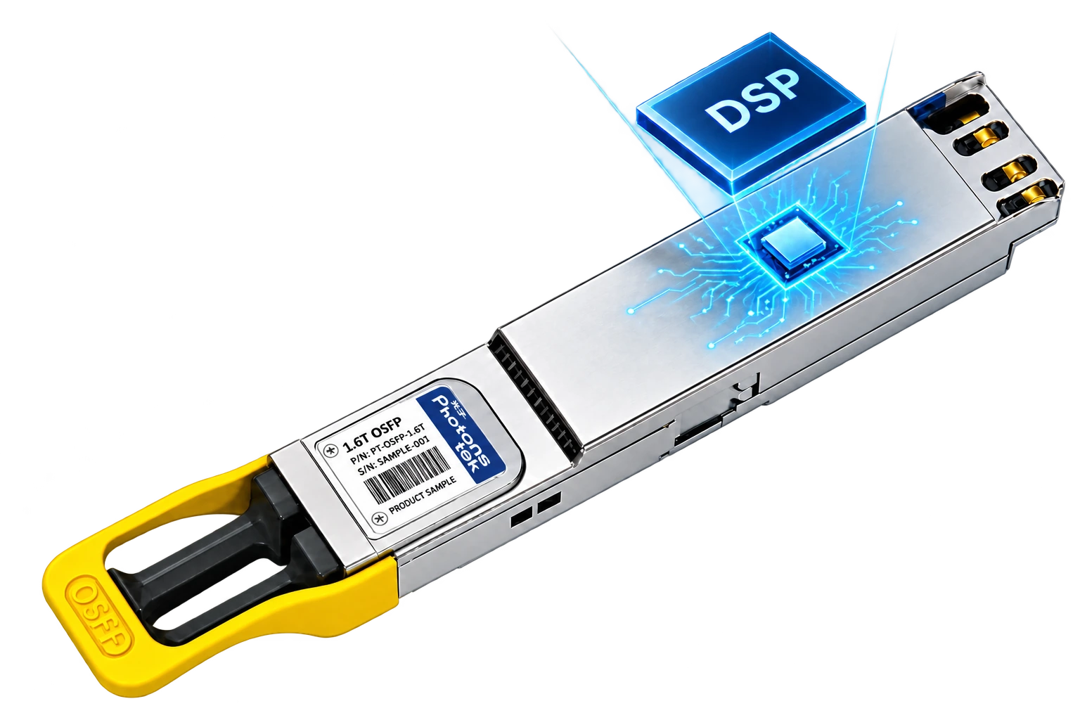 Photonstek 1.6T OSFP optical transceiver with a conceptual DSP visualization